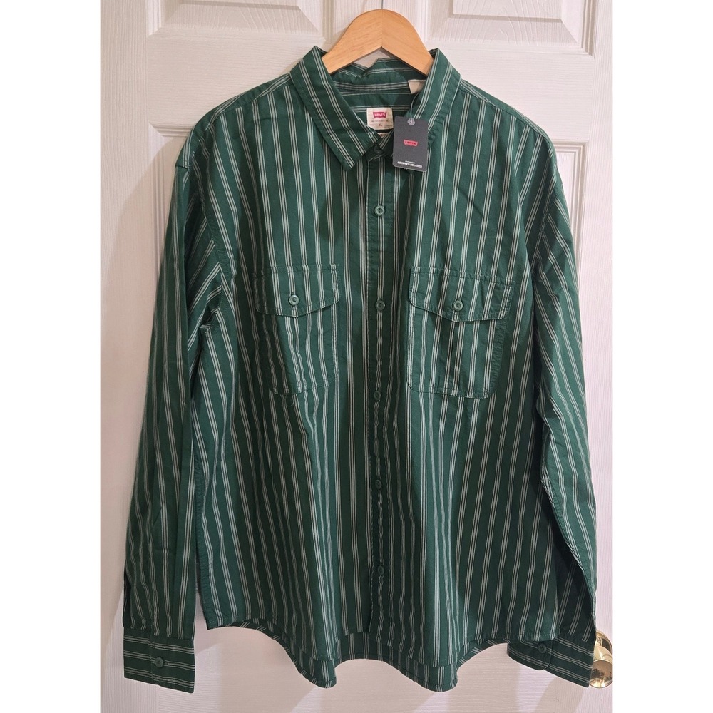 Levis Mens Cropped Relaxed Fit Striped Button Down Shirt Green XL New